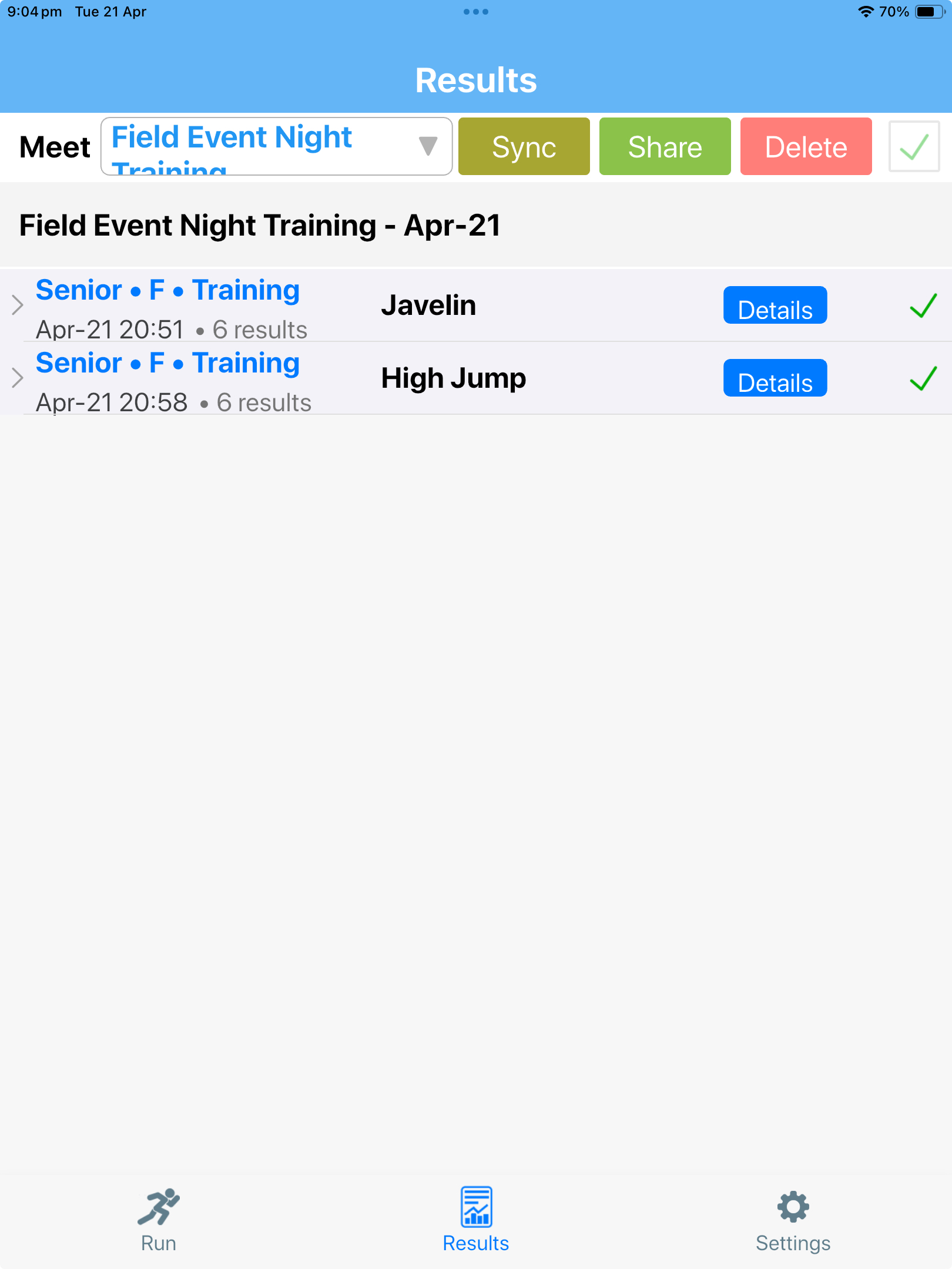 SplitFast Field Events App Results screen showing completed Javelin and High Jump events with Sync, Share and Delete buttons